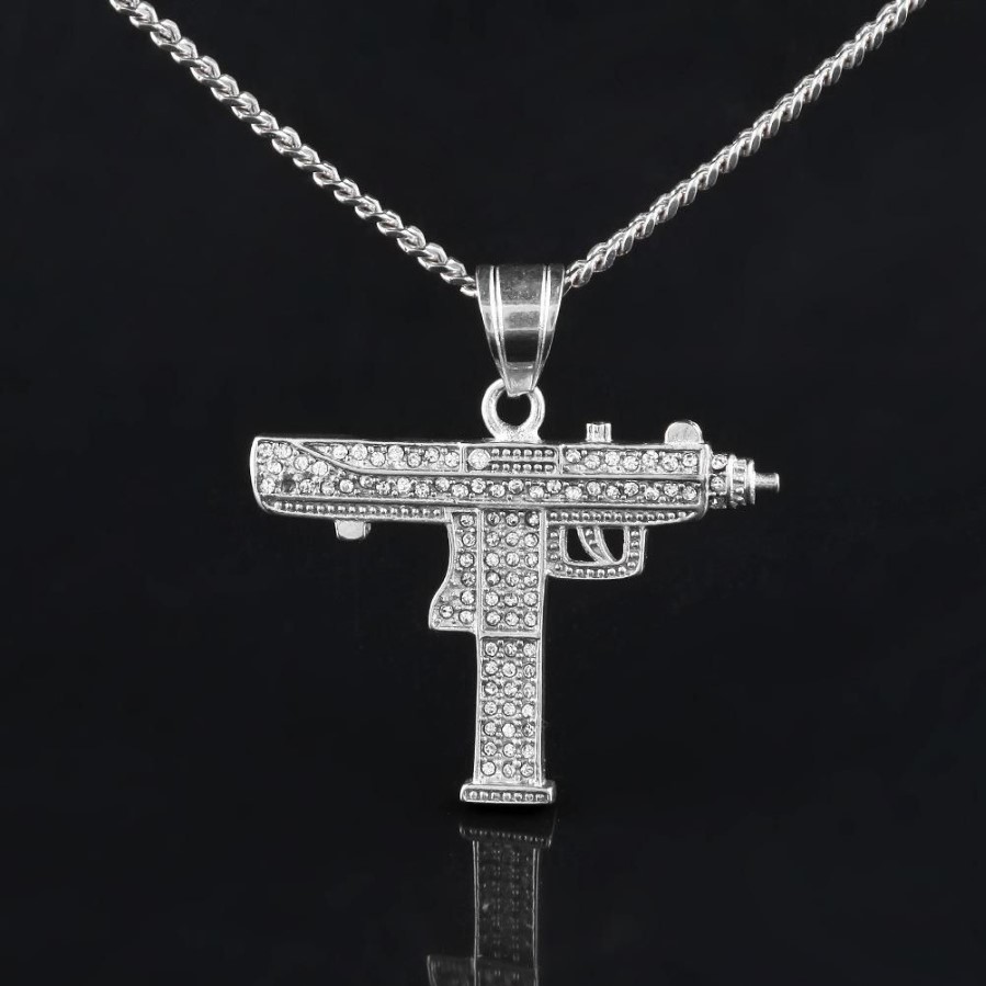 Hip Hop Gun Pendant Necklace For Men Women Iced Out Cz Pendant Cuban Chain Drop 283k