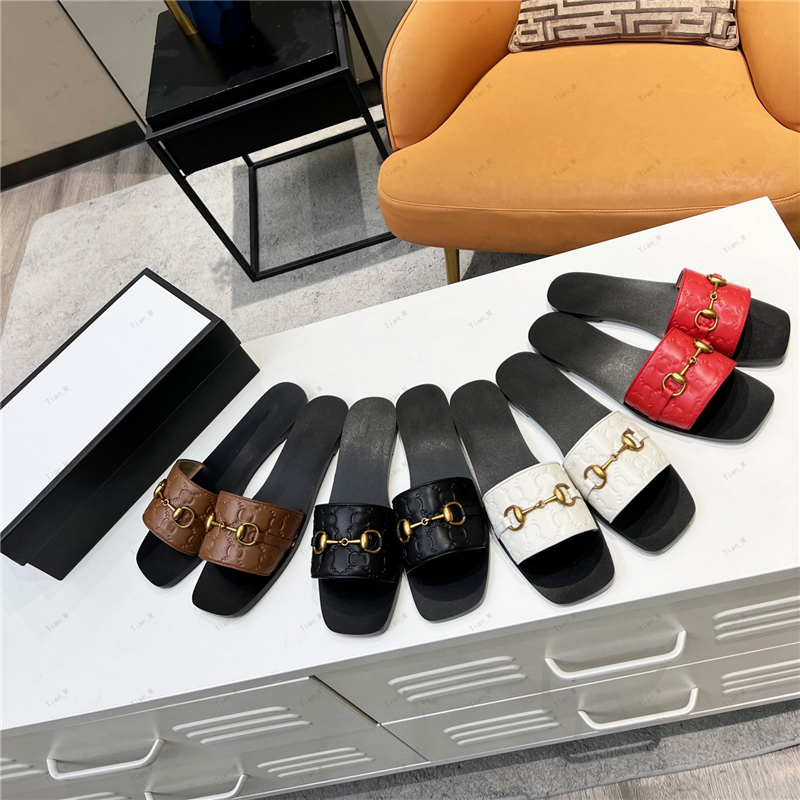 2024 HIGH Quality flat Slippers Sandals women Genuine Leather Fashion brand Luxury Designer buckle flip flops party shoes dress shoes Metal buckle