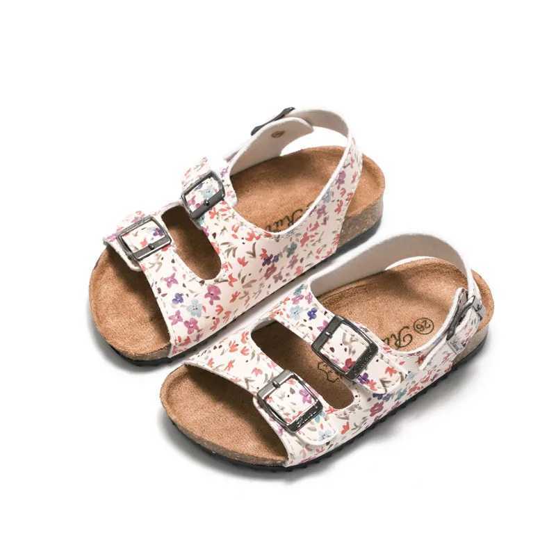 Sandalet Bebek Kadın Ayakkabı Yaz Cork Sandalet Bebek Walker Çifte Düğme Kayışı Ayakkabıları Çocuk Çiçek Kawaii Flipflops Slip Olmayan Sandalet J240228