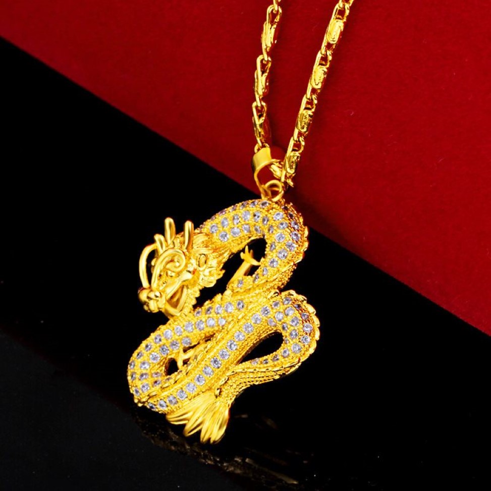 Collana con ciondolo classico da uomo con design a forma di drago scintillante, pavé di zirconi, in oro giallo, classica, regalo309f