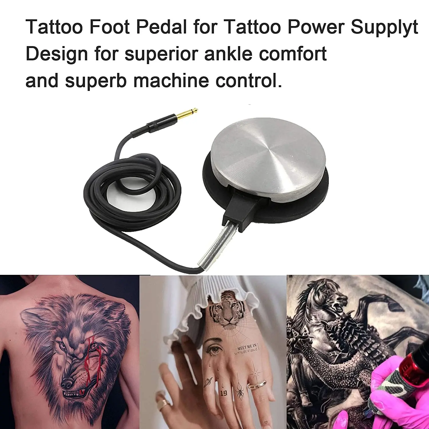 Jurken RVS Tattoo Voetpedaal Schakelaar Ronde 360 Controller Voeding Wit Pedaal met Snoerclip