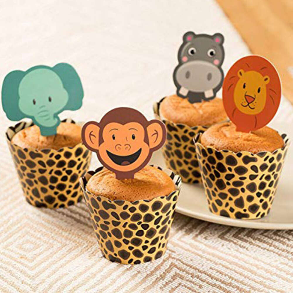 Envoltórios de cupcake de animais da selva, estampa de leopardo, decorações de bolo para festa de safari, chá de bebê, suprimentos de aniversário