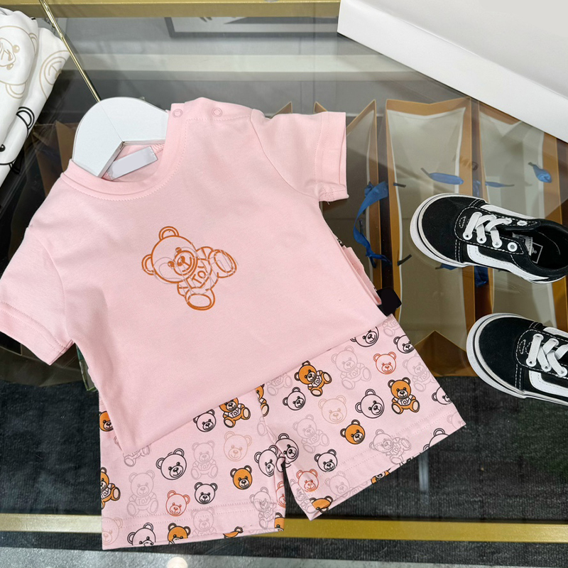 Bambini Classico Simpatico Orso Vestito a maniche corte Moda estiva Casual Felpa Abiti Neonato Ragazze Tuta Set di abbigliamento di lusso 66-100 cm