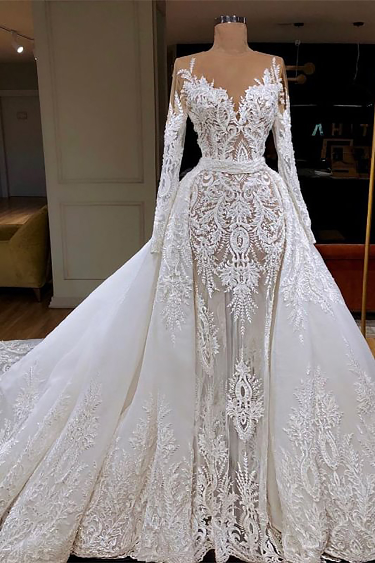 Элегантные свадебные платья русалки с кружевной аппликацией и съемным длинным рукавом с круглым вырезом, свадебное платье с скользящим шлейфом, Vestidos De Novia, нестандартного размера