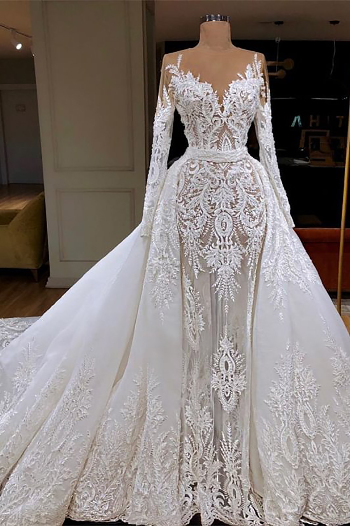 Elegant Mermaid Wedding Dresses Lace Applique Detachable Long Sleeve Scoop Neck Bridal Gown Sweep Train Vestidos De Novia Custom Size