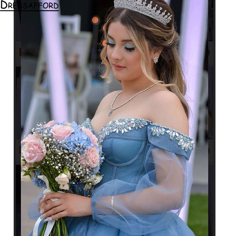 Klassieke Sweetheart Baljurk Quinceanera Jurken Blauw Korset Kant Bloemen Applicaties Sexy Schouderafhangend Tule Verjaardag Formeel Prinses Sweet 16 Schoolfeest Feestjurk