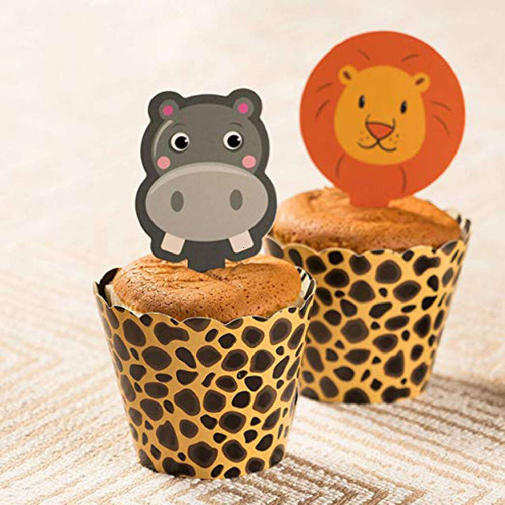 Jungle Animal Cupcake Wrappers Leopard Print Safari Party Cake Decorations for Baby Shower Birthday Supplies