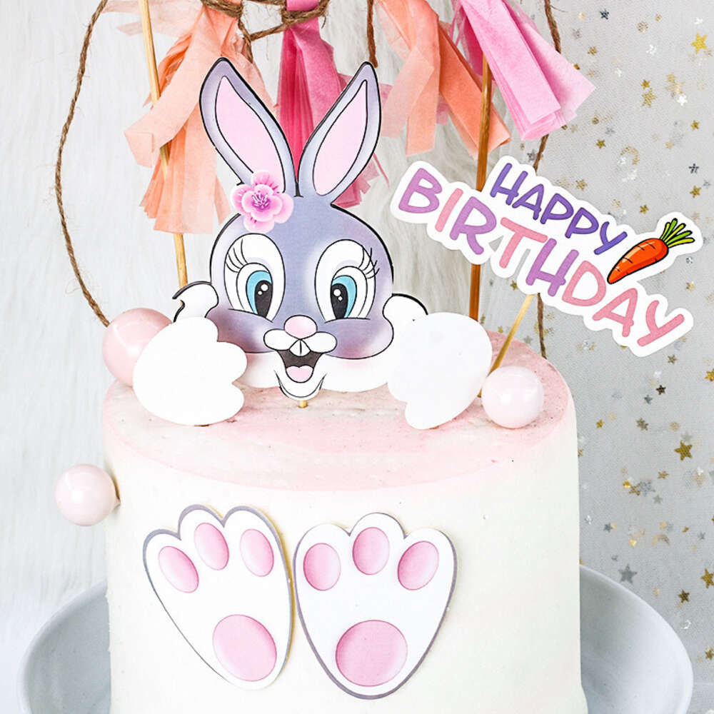 New Cute Bunny Toppers Rabbit Birthday Theme For Girl Boy Easter Party Decorations Cake Flags