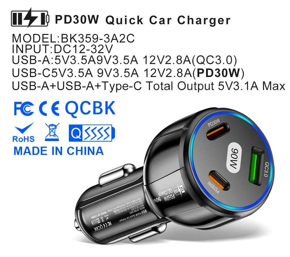 90W ładowarka samochodowa USB C QC3.0 USB Szybka ładowarka do telefonu komórkowego w samochodem PD Adapter zasilania typu C dla iPhone'a 15 14 Xiaomi POC
