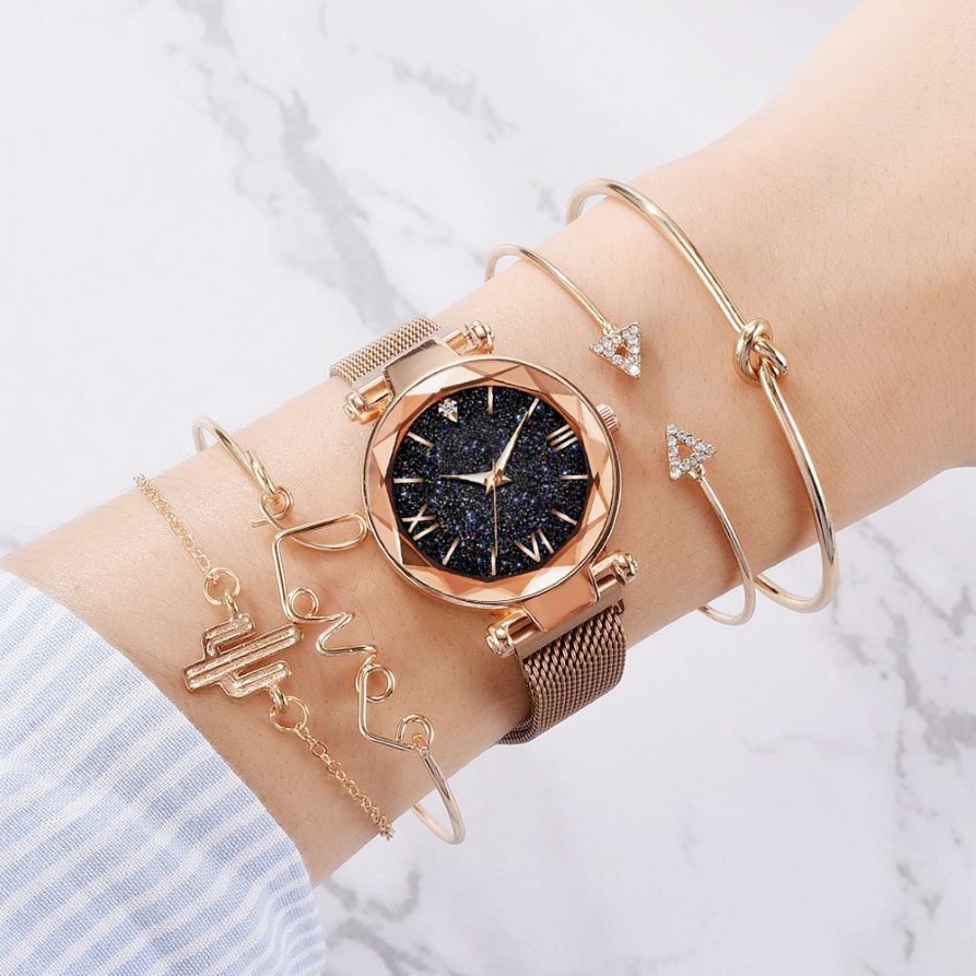 Relojes de pulsera de moda para mujer, conjunto de 5 uds., relojes de lujo de oro rosa para mujer, reloj de regalo con hebilla magnética de cielo estrellado para mujer 201204249x