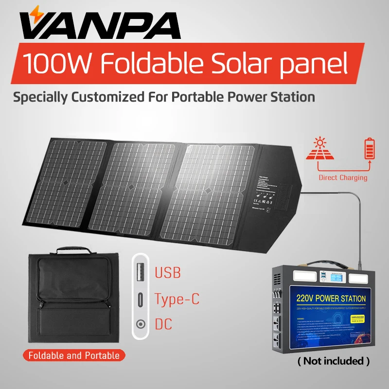 Solen Vanpa 100W Foldbar solpanelladdare för kraftverk DC/TYPEC/USB -utgång