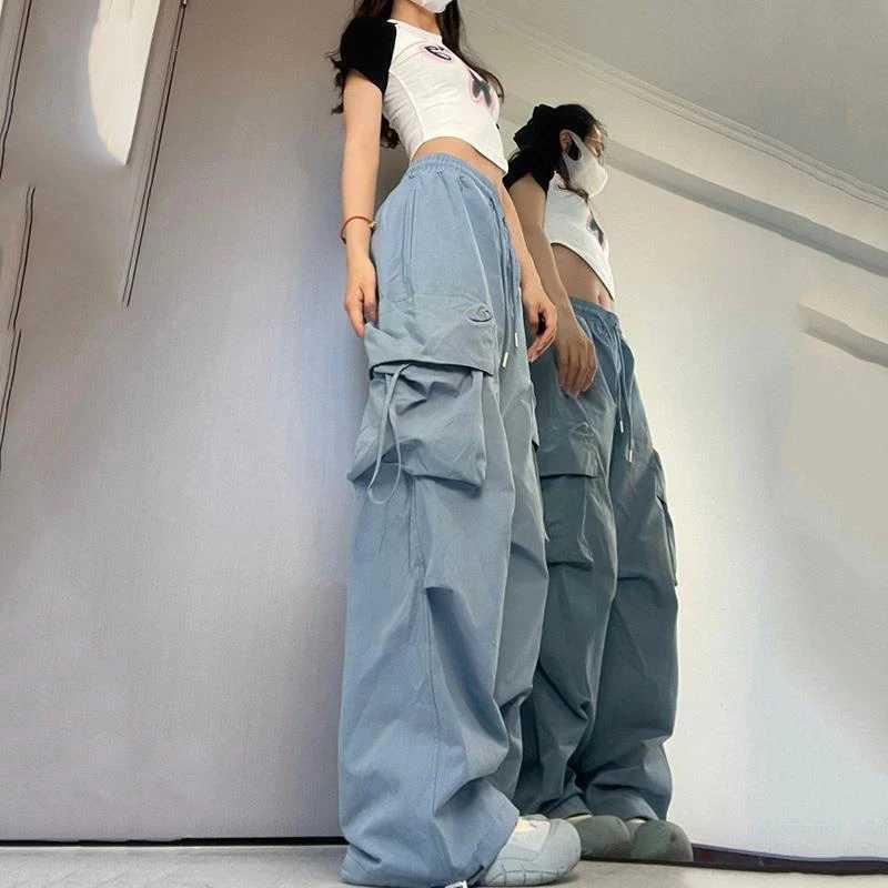 Calças femininas capris 2023 mulheres y2k calças de carga cintura alta roupas de rua hip-hop mens mulheres bolsos casuais cintura baixa bolsos com cordão l2403