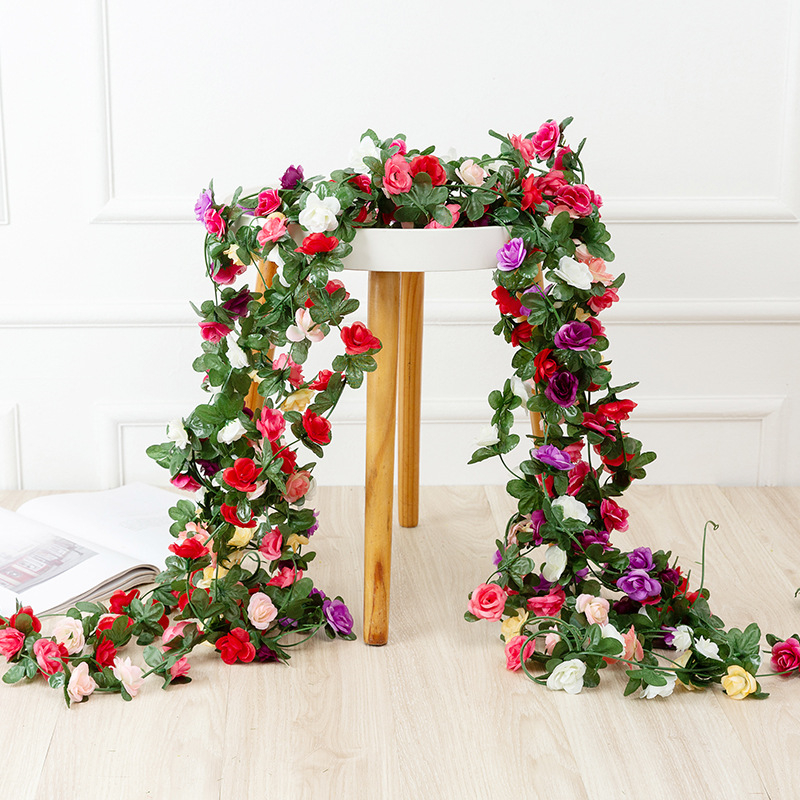 250 cm konstgjorda rosblommor för bröllop hemrum dekoration vårens höst trädgård båg jul rattan diy falska växter vinrankor