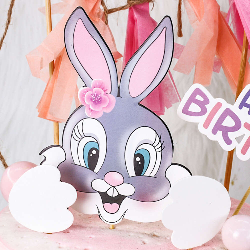 New Cute Bunny Toppers Rabbit Birthday Theme For Girl Boy Easter Party Decorations Cake Flags