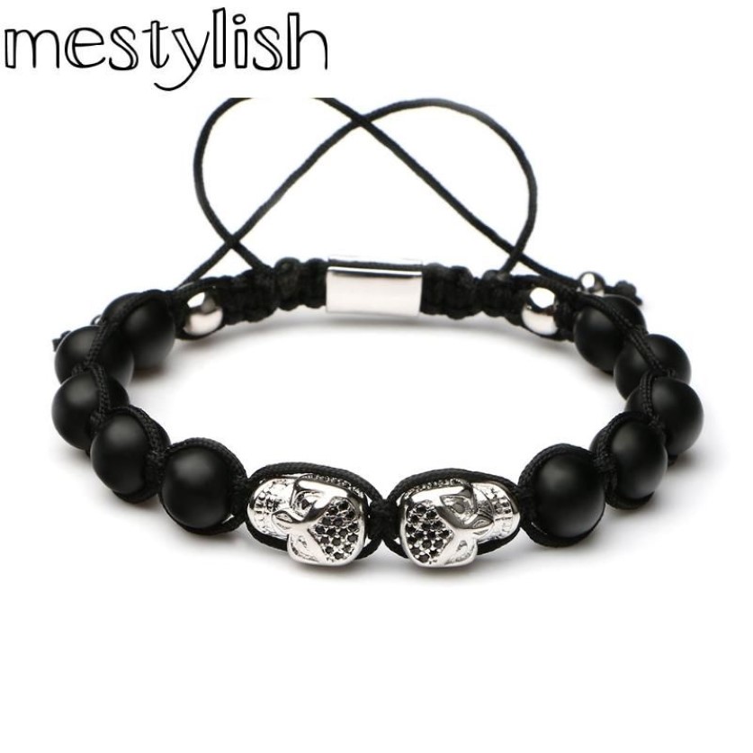 Mestylish Doppio Teschio Natura Pietra Perline Intrecciatura Macrame Bracciale Scheletro Maglia fatta a mano Gioielli da uomo Pulsera228e