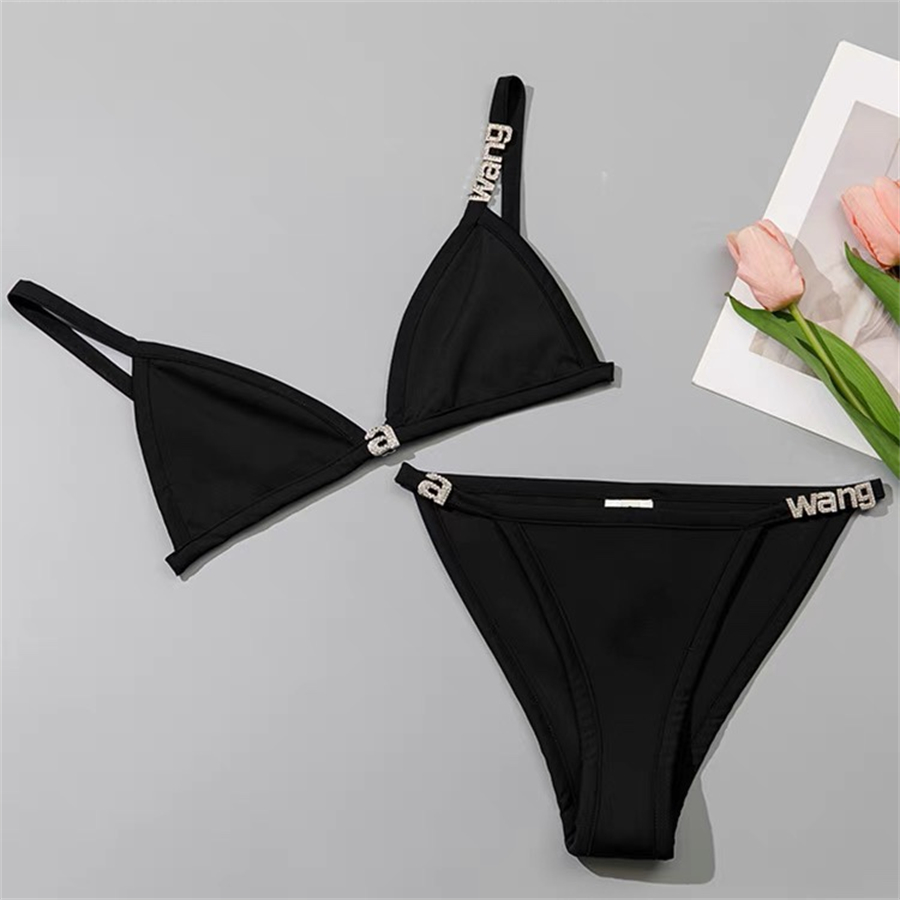 Bikini designer women`s swimsuit sexy minimalist beach bathing suit classic two-piece set and fashionable black lingerie with letter stickers