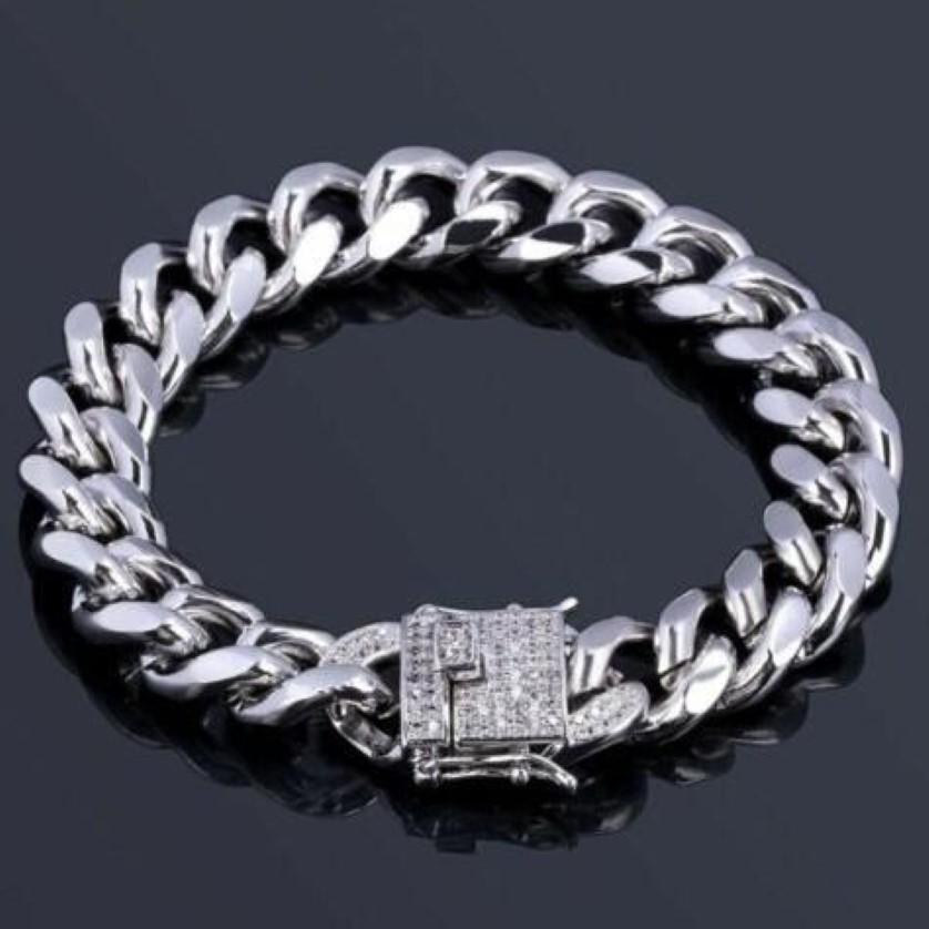 Bracciale a catena da uomo con maglia a cordolo cubano Miami in acciaio inossidabile placcato oro 18 carati 12mm325Z