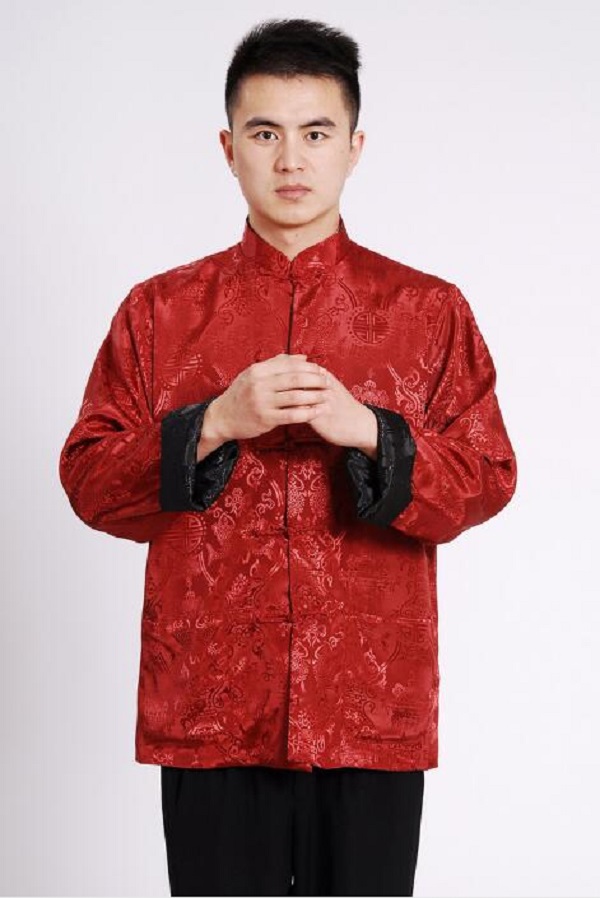 Wholesale Chinese Style Men's Double-sided Tang Suit Satin Silk Kung Fu Jacket Long Sleeve Hanfu Clothing Coat Size S-3XL