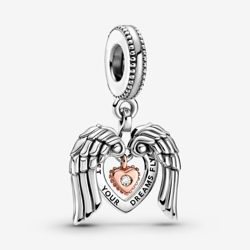 100% 925 Sterling Silver Angel Wings & Heart Dangle Charms Fit Original European Charm Bracelet Fashion Women Wedding Engagement J246G