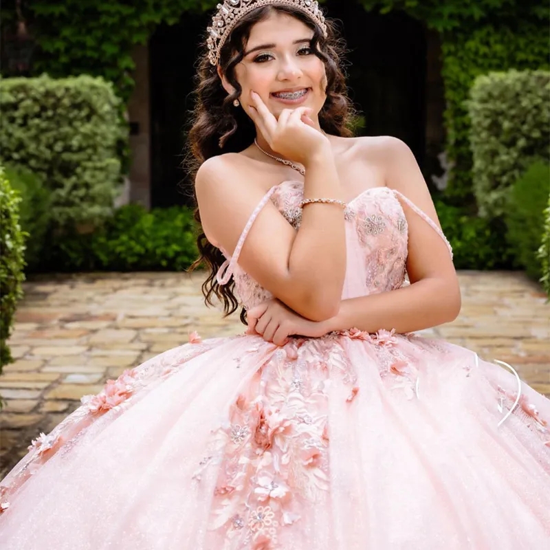 Pink Quinceanera Dresses Ball Gown Appliques Beaded 3DFlower Spaghetti Strap Sweet 16 Dress Party Gown Vestidos De 15 Anos