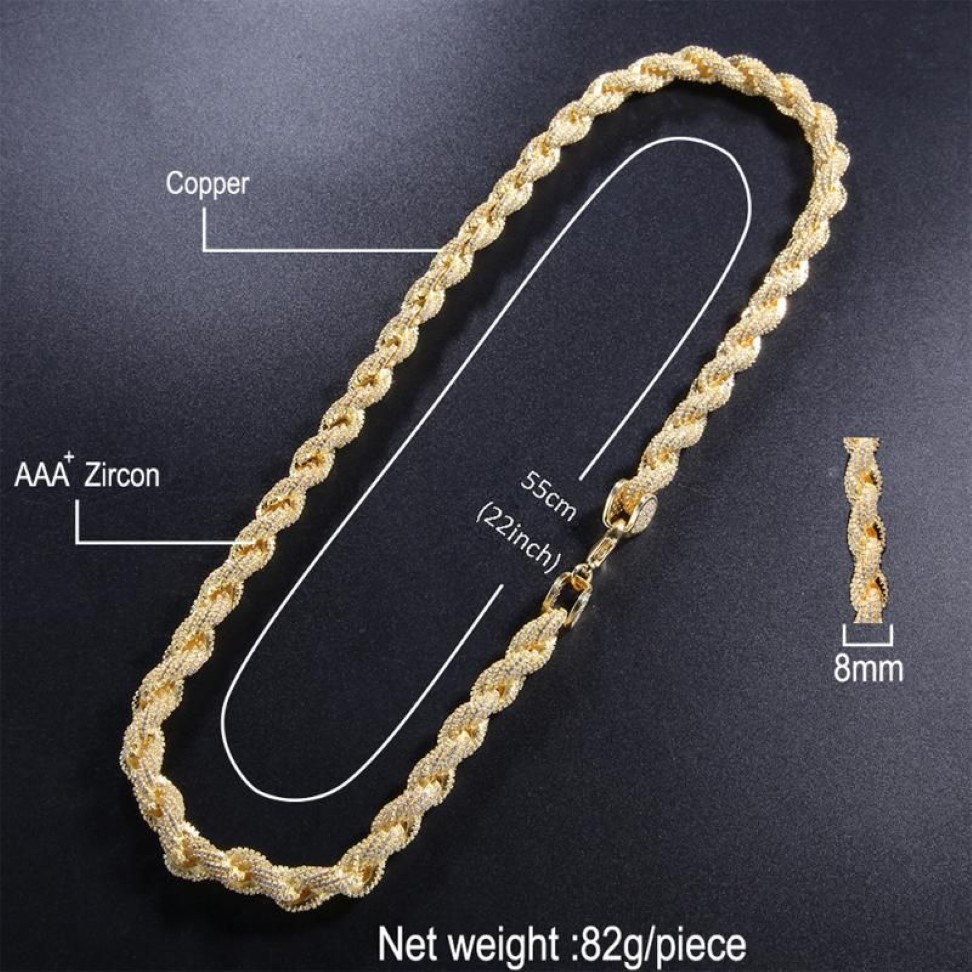 Chains Hip Hop Full Iced Out 8mm 22inch Rope Chain Necklace ed Link Gold Silver Color For Women Men Fashion Jewelry Gift238q