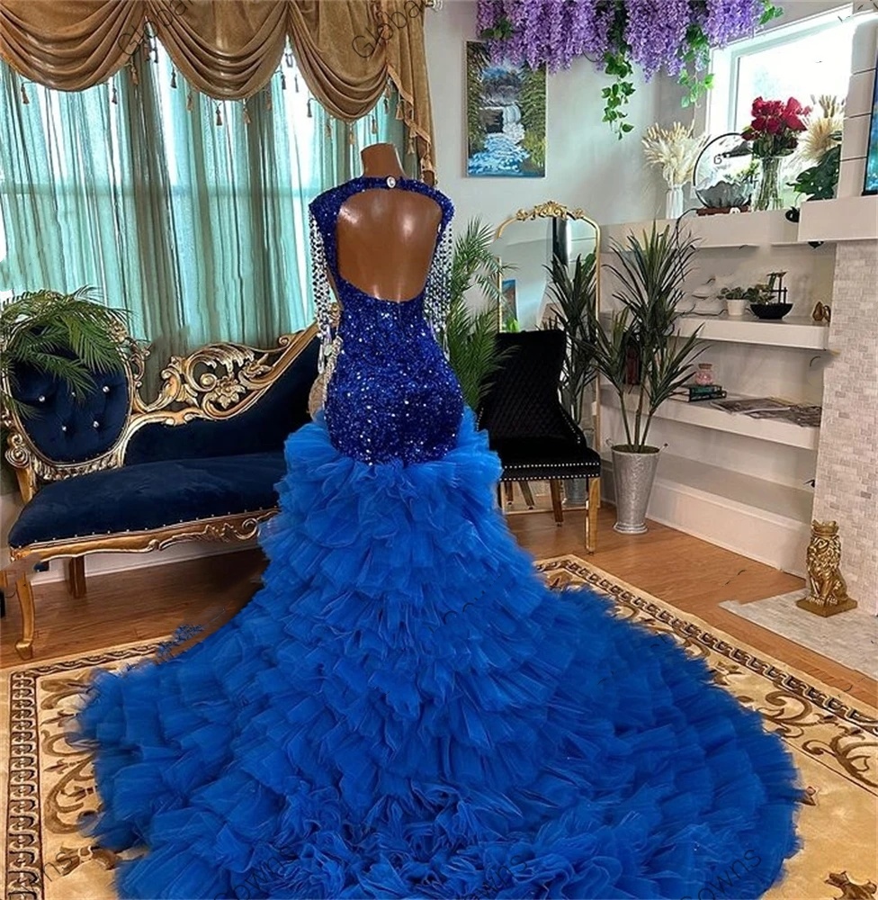 Royal Blue Long Prom Dress For Black Girls 2024 Beaded Crystal Tassel Birthday Party Gown Sequin Ruffle High Slit Evening Gowns