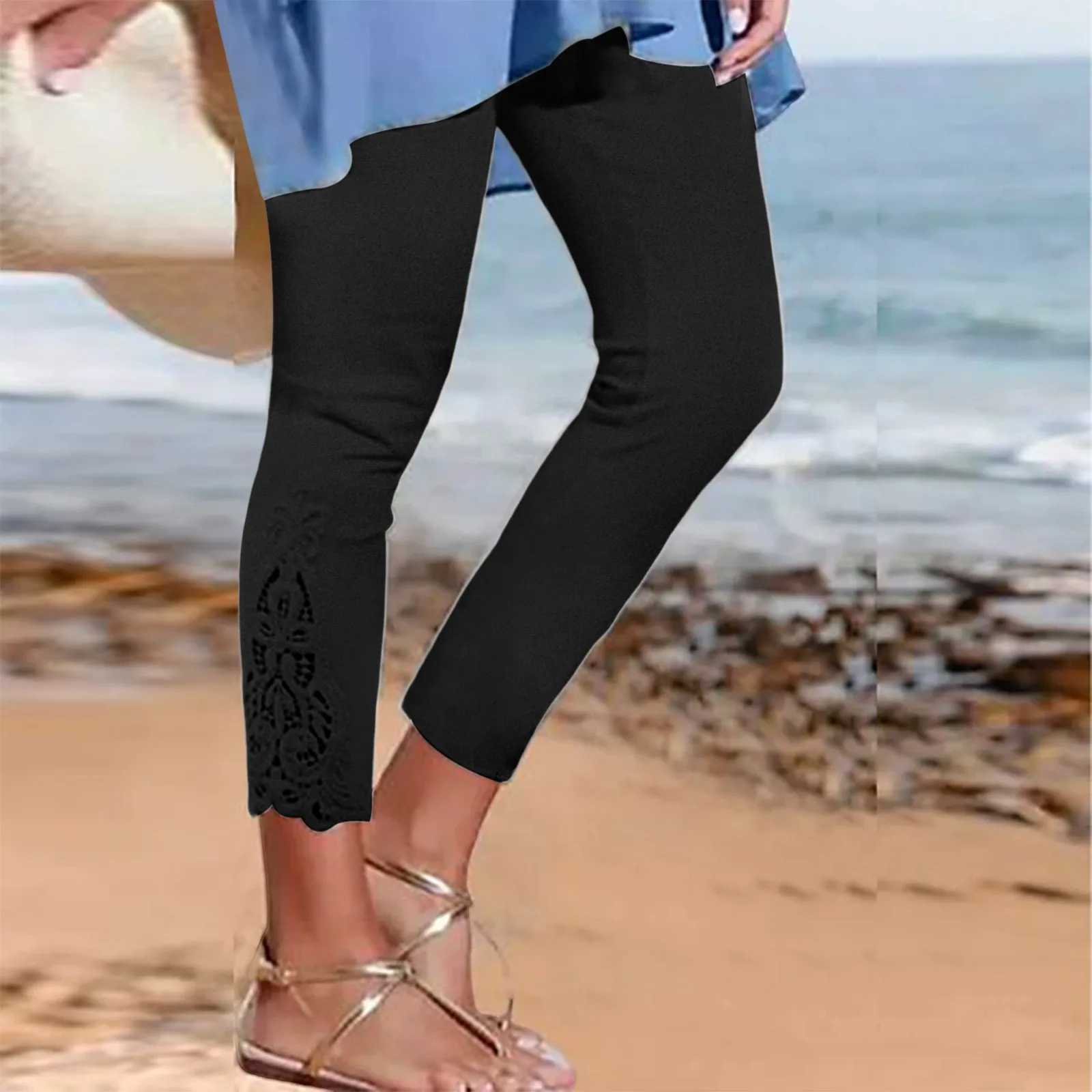 Calças femininas capris calças cortadas leggings para mulheres calças compridas rendas cintura alta magro elástico versátil primavera outono leggings mujeres