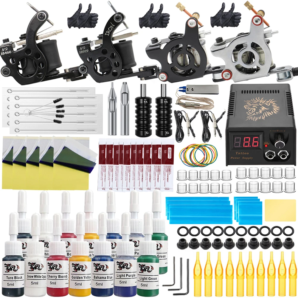 Bit Kit completo tatuaggio Hine Kit tatuaggio a bobina Set Hine Kit tatuaggio con alimentatore Pedale Aghi Inchiostro principianti