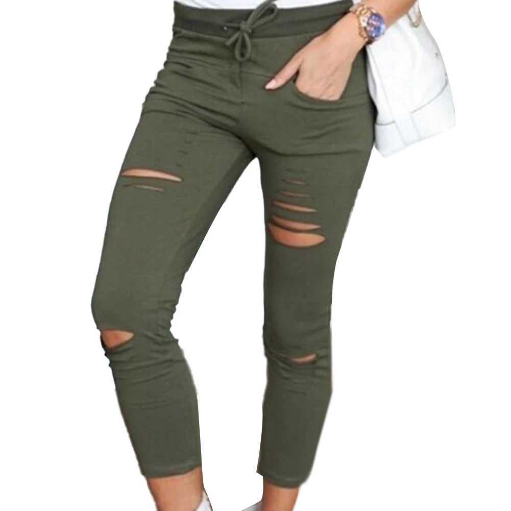 Women's Pants Capris Cotton Spandex Solid Color Drawstring High Waist Stretchy Drawstring Pencil Pants Ripped Skinny Leggings woman pants