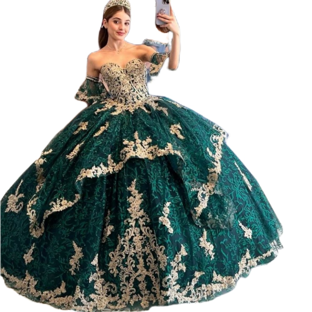 2024 Abito da ballo Abiti Quinceanera Abiti da sposa Sweetheart Verde scuro Oro Applicazioni di pizzo Perline di cristallo Increspature Abiti da sera dolce 16