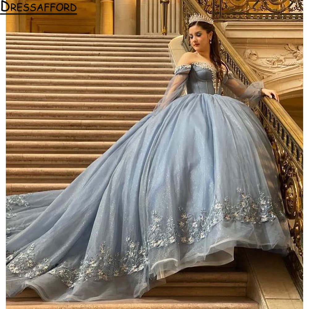 Klassieke Sweetheart Baljurk Quinceanera Jurken Blauw Korset Kant Bloemen Applicaties Sexy Schouderafhangend Tule Verjaardag Formeel Prinses Sweet 16 Schoolfeest Feestjurk