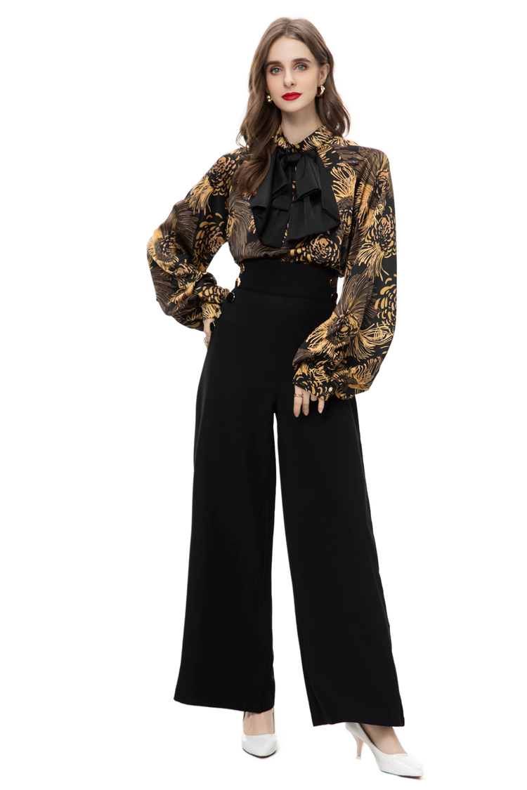 여자 3 피스 바지 세트 활 세부 사항 인쇄 된 긴 소매 셔츠 넓은 다리 Maxi Pant 패션 디자이너 트윈 세트 세트