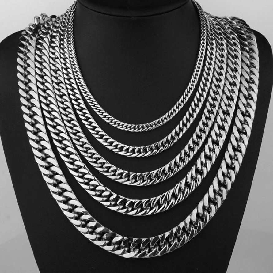 6 8 10 12 14mm wide Stainless Steel Cuban Miami Chains Necklaces Big Heavy Flat Link Chain for Men Hip Hop Rock jewelry 24 257a