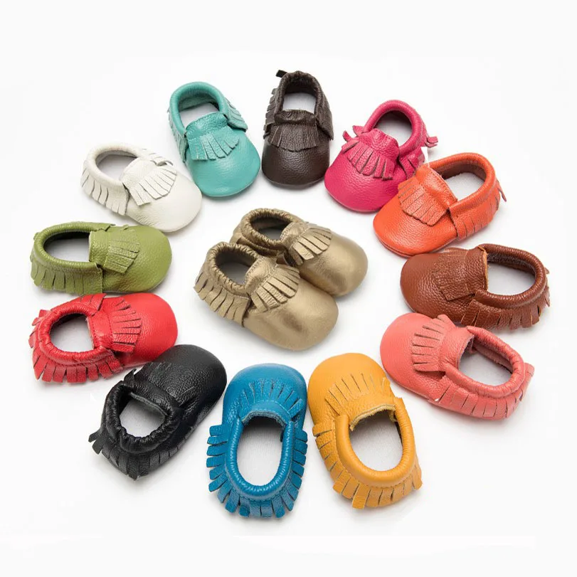 Chaussures d'extérieur à pampilles en cuir véritable pour bébé, mocassins à enfiler pour nourrissons