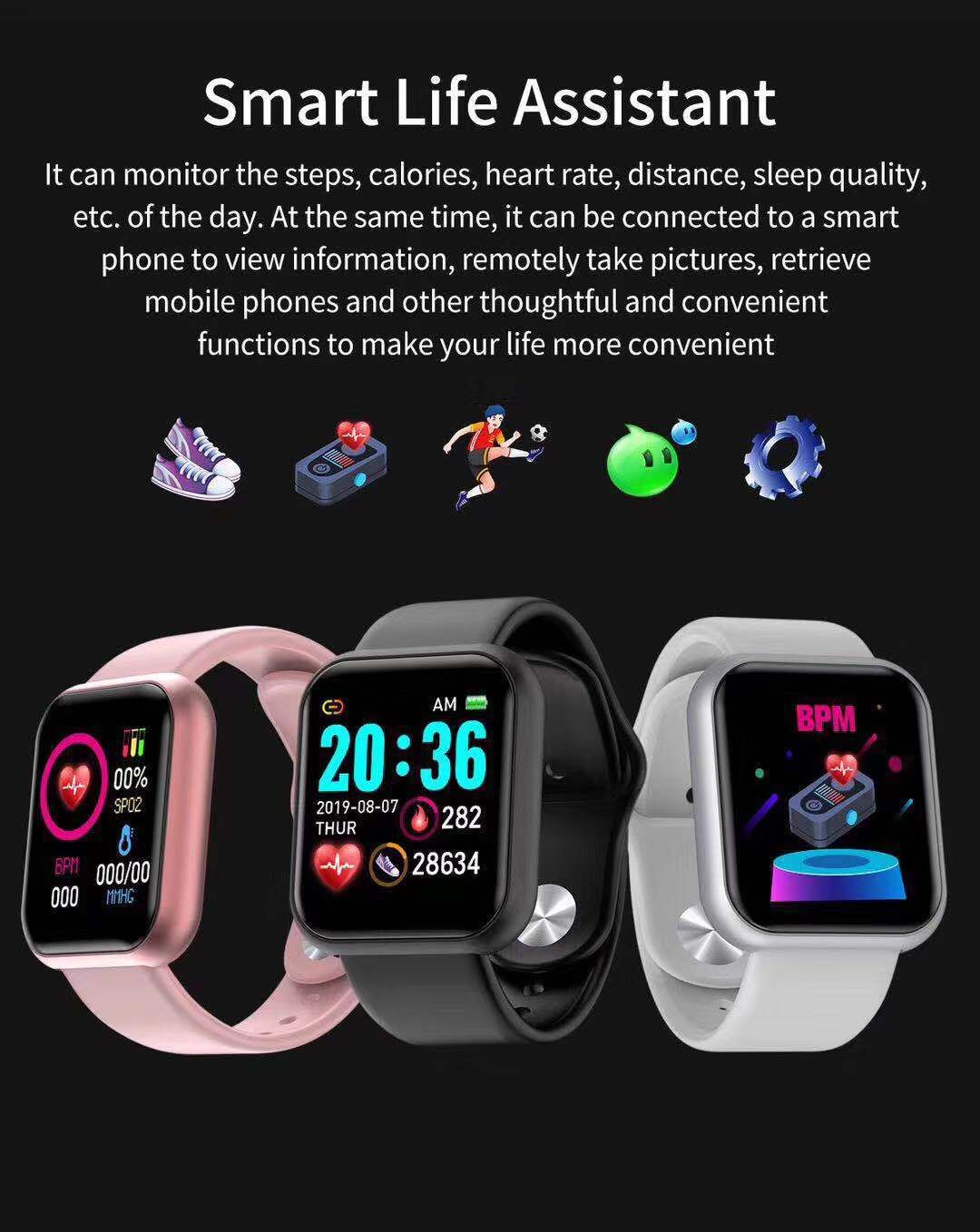 Y68 D20 SmartWatch Bracelet de remise en forme tension artérielle moniteur de fréquence cardiaque podomètre Bracelet cardio hommes femmes montre intelligente pour IOS Android