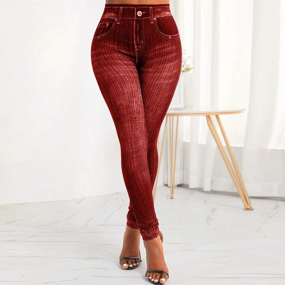 Spodnie damskie Capris Kobiety Nowe nadruk legginsy elastyczne talia Faux dżins stretch Slim Fit Pants Długość