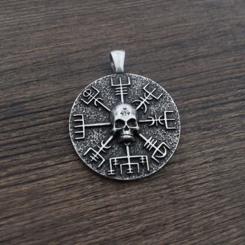 Sanlan Norse Vikings Gear Vegvisir with Skull Necklace Amulet199o