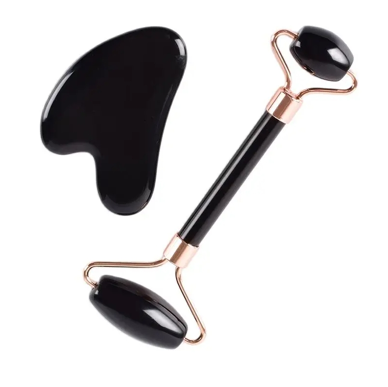 2 I 1 Gua Sha Jade Roller Natural Obsidian Face Roller Guasha Ansiktsmassage Skinvård Verktyg Set Massager Anti-aging Body Relaxation Beauty Tools