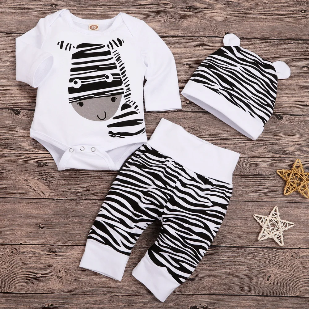 Комбинезоны с длинными рукавами и мультяшным принтом зебры + брюки + шапка, комплект из трех предметов для маленьких мальчиков, одежда для маленьких девочек, одежда для новорожденных