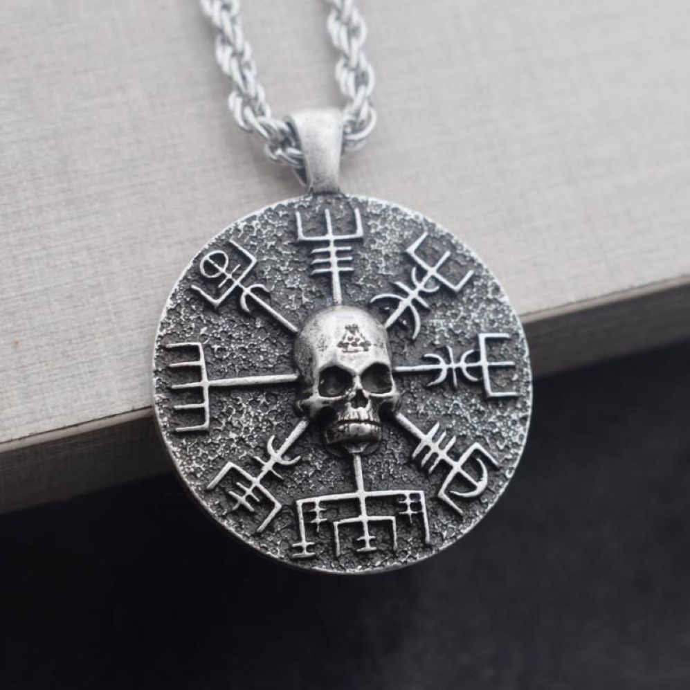 Sanlan Norse Vikings Gear Vegvisir with Skull Necklace Amulet199o