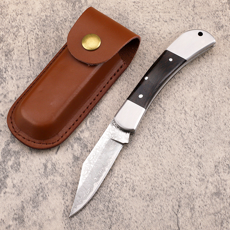 A2264 av hög kvalitet A264 Pocket Folding Blade Knife Damascus Steel Blade Rosewood With Steel Byle Handle Outdoor Camping Vandring Fiske EDC Tools With Leather mantel