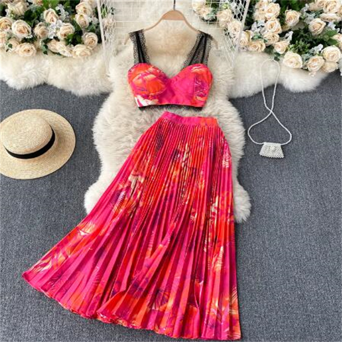 Summer Women Two Piece Dress Set Sexiga stropplösa modekprickar Tryck spetsar och hög midja veckad kjoldräkt