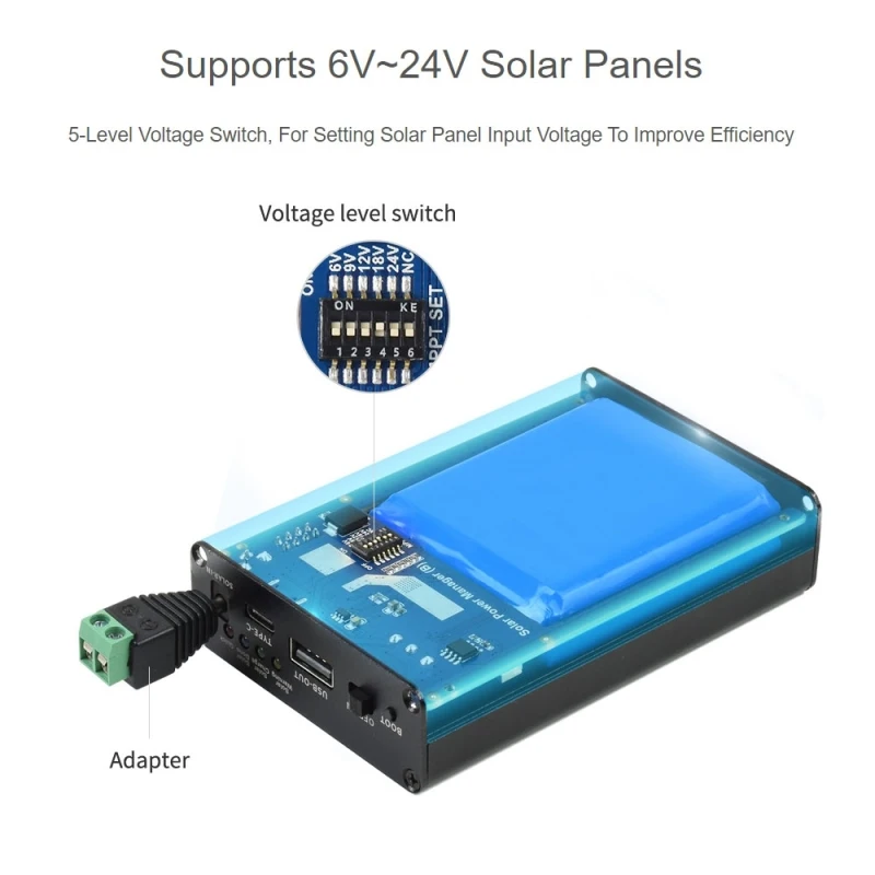 Solar Waveshare Solar Power Manager inbäddad 10000mAh Lipo Battery Support 6V ~ 24V Solpaneler