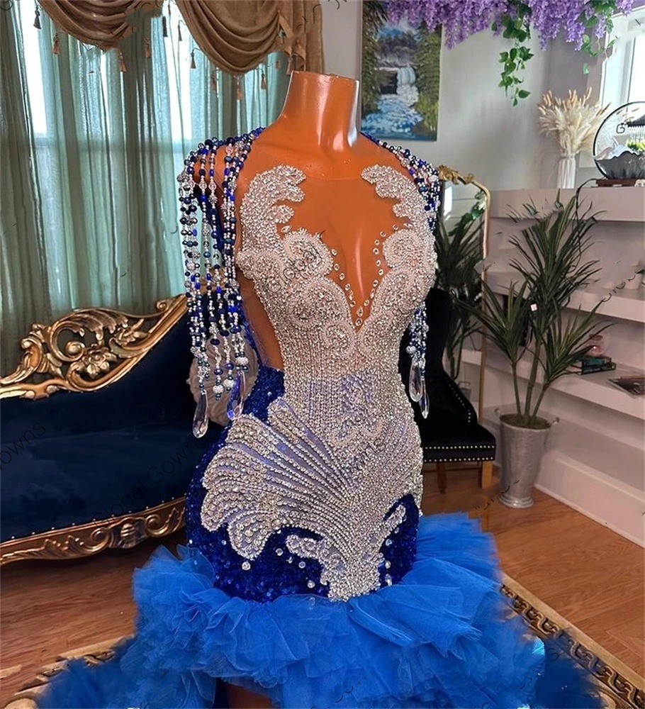 Royal Blue Long Prom Dress For Black Girls 2024 Beaded Crystal Tassel Birthday Party Gown Sequin Ruffle High Slit Evening Gowns