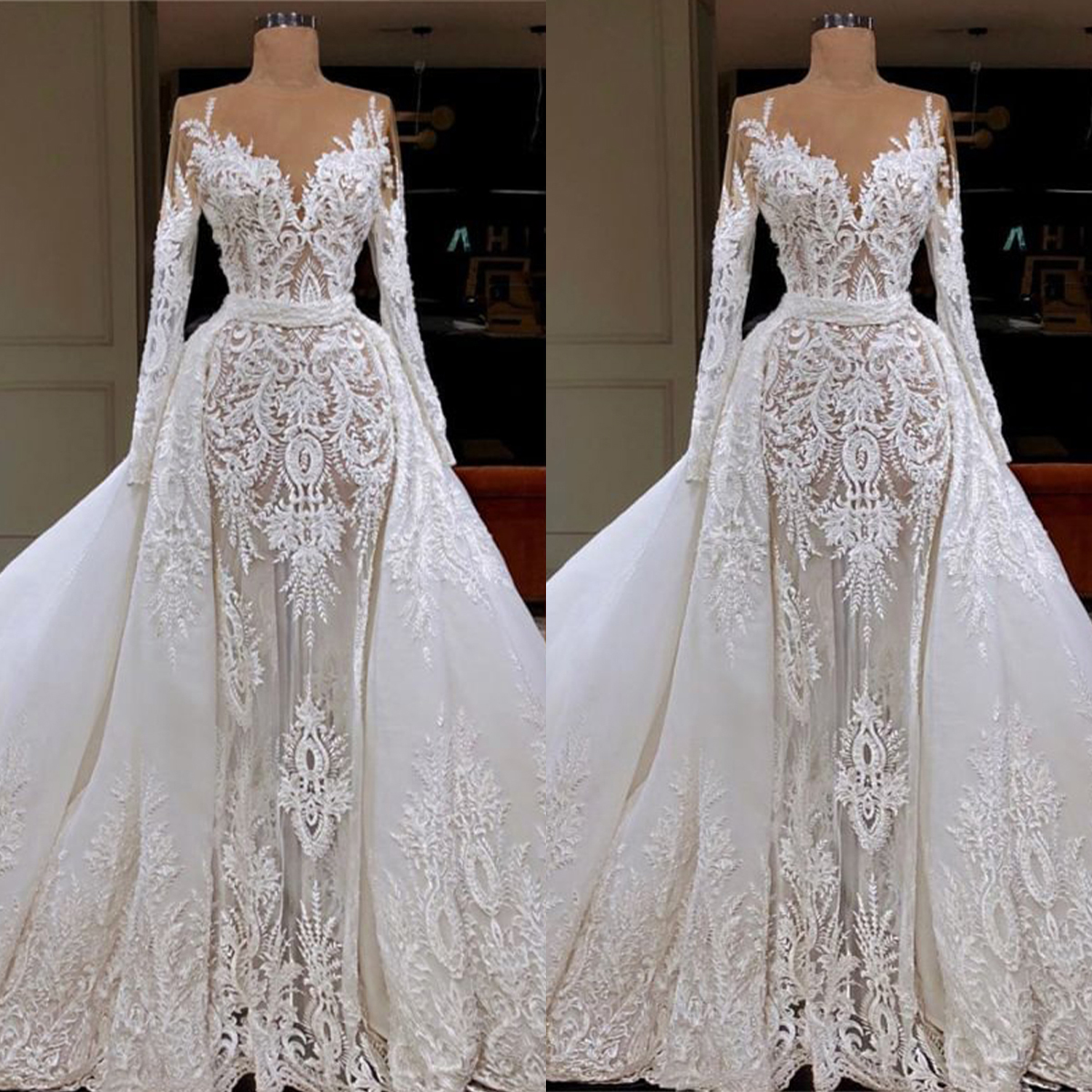 Vestidos de novia elegantes de sirena Apliques de encaje Desmontable Manga larga Escote redondo Vestido de novia Tren de barrido Vestidos De Novia Tamaño personalizado