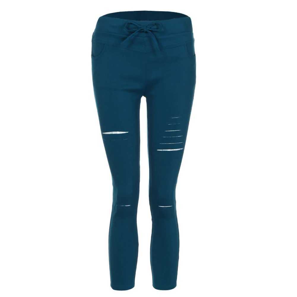 Calças femininas capris algodão elastano cor sólida cordão cintura alta elástico cordão lápis calças rasgadas leggings magros calças femininas