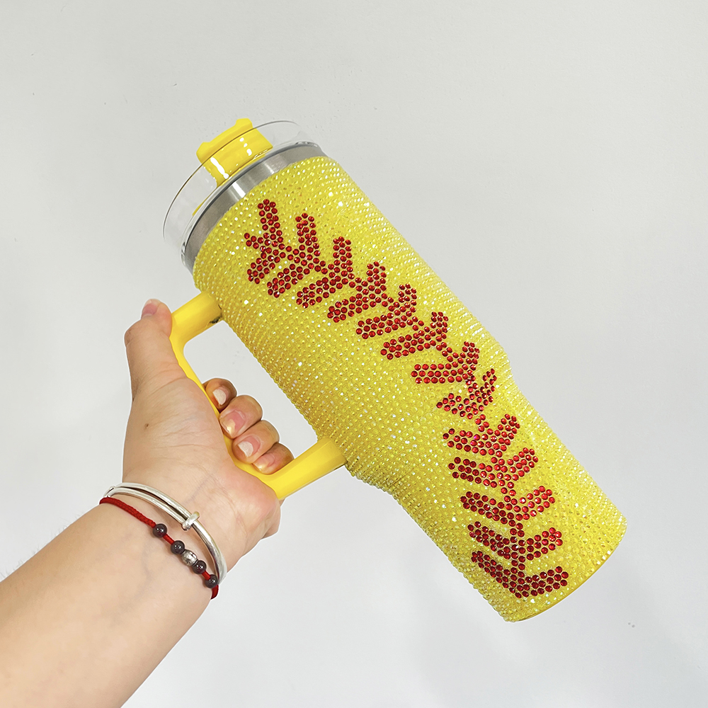 Ready to ship outdoor sports large capacity 40oz baseball rhinestone print full bling studded insulated stainless steel drinking tumblers water bottle with straw