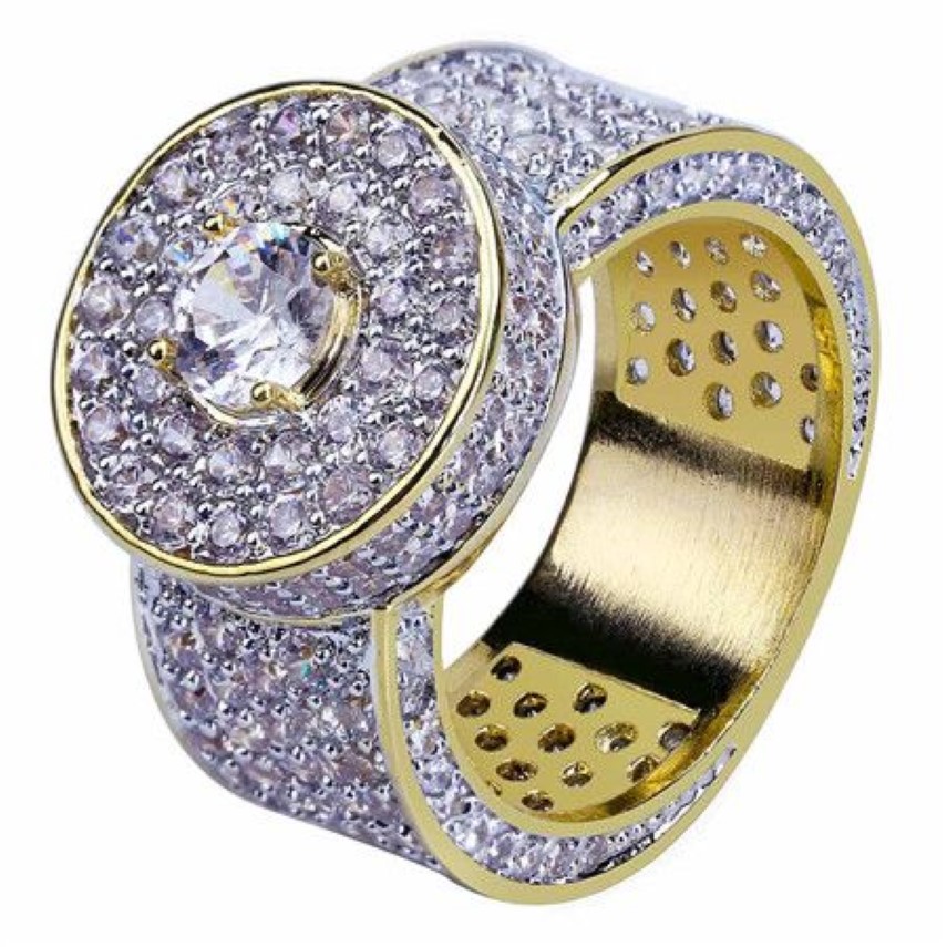 18K Cluster Or Planté Coupe CZ Cristal Hip Hop Glacé Anneaux pour Hommes Femmes Bling Bling Ring1758