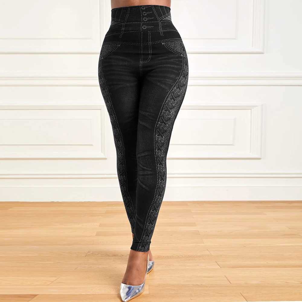 Spodnie damskie Capris Kobiety Nowe nadruk legginsy elastyczne talia Faux dżins stretch Slim Fit Pants Długość