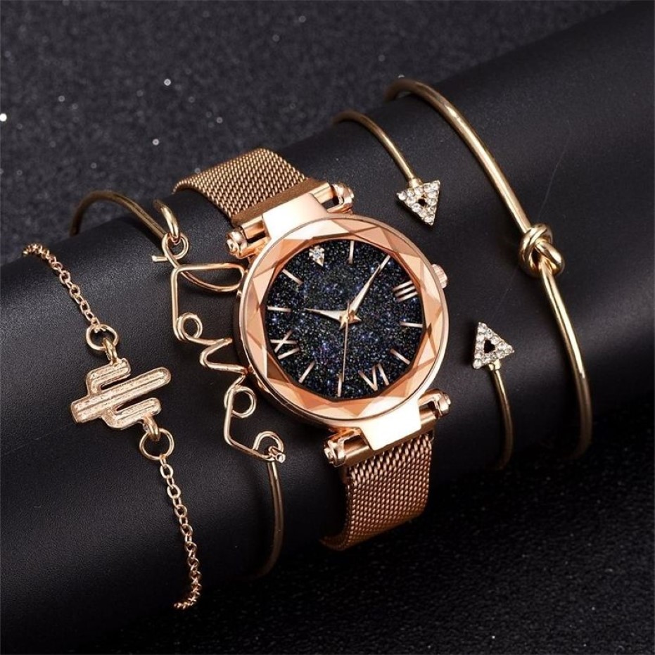 Relojes de pulsera de moda para mujer, conjunto de 5 uds., relojes de lujo de oro rosa para mujer, reloj de regalo con hebilla magnética de cielo estrellado para mujer 201204249x